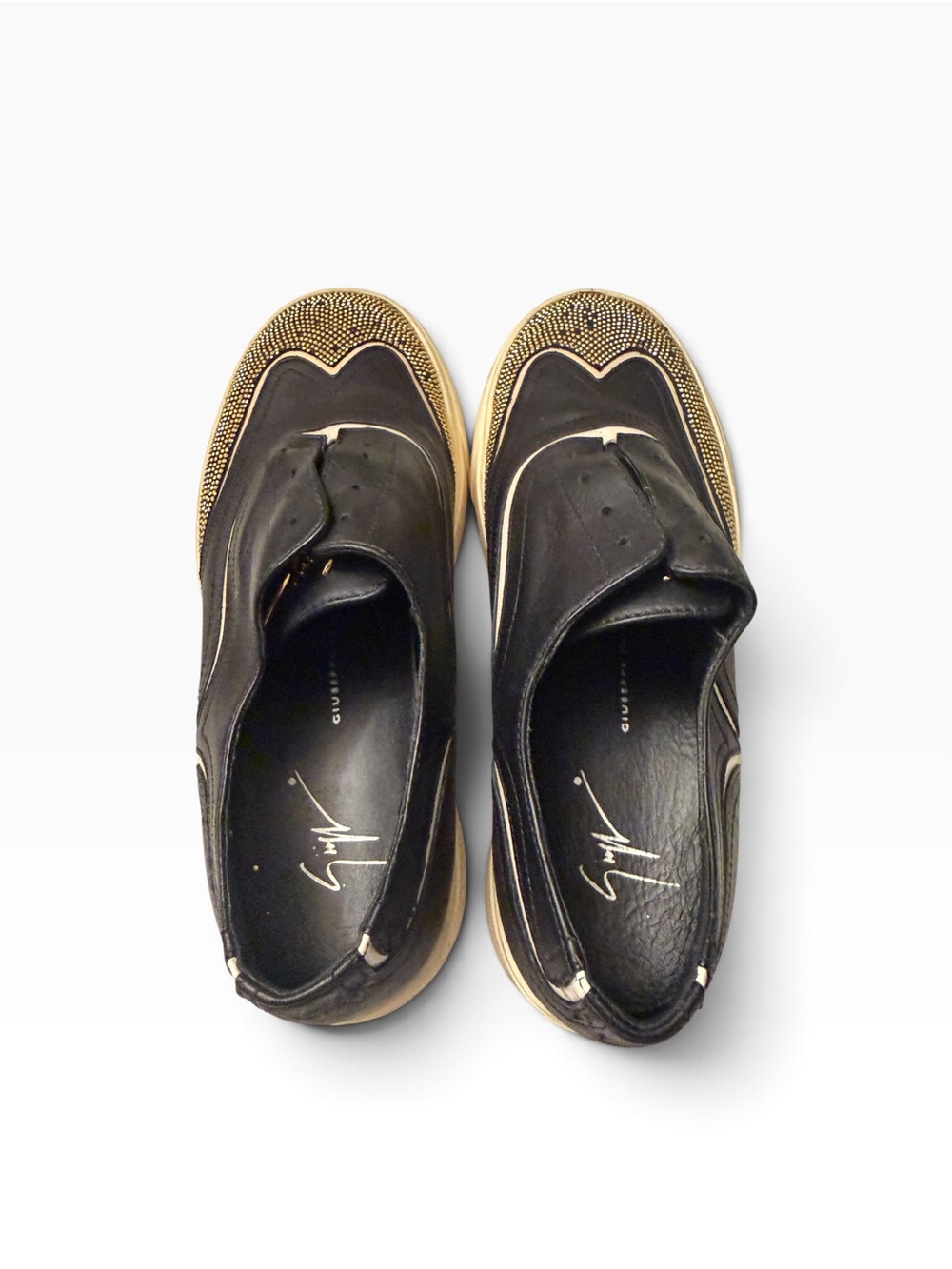 Giuseppe Zanotti Black Leather Slip-Ons with Gold Stud Toe,pre-owned, SZ5.5 - Picture 11 of 12